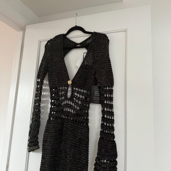 NWT Retrofête Elvana Knit Crochet Maxi Dress In Black Sz Small Open Back V-Neck - Picture 4 of 11